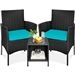 3-Piece Black PE Wicker Outdoor Dining Patio Furniture Set with Teal Blue Cushions