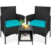3-Piece Black PE Wicker Outdoor Dining Patio Furniture Set with Teal Blue Cushions