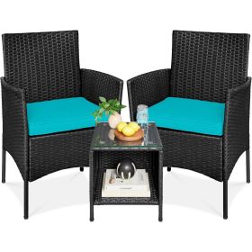 3-Piece Black PE Wicker Outdoor Dining Patio Furniture Set with Teal Blue Cushions