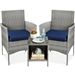3-Piece Grey PE Wicker Outdoor Patio Furniture Dining Set with Navy Blue Cushions