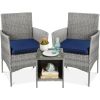 3-Piece Grey PE Wicker Outdoor Patio Furniture Dining Set with Navy Blue Cushions