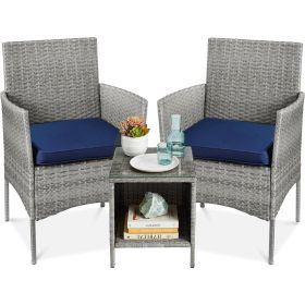 3-Piece Grey PE Wicker Outdoor Patio Furniture Dining Set with Navy Blue Cushions