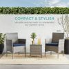 3-Piece Grey PE Wicker Outdoor Patio Furniture Dining Set with Navy Blue Cushions