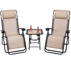 3 Piece Folding Portable Reclining Lounge Chairs Table Set - Tan