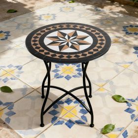 Round 24-inch Black Tan Mosaic Tile Star Pattern Bistro Table