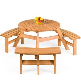 Outdoor Circular Wooden Picnic Table with Benches and Umbrella Hole - Seats 6