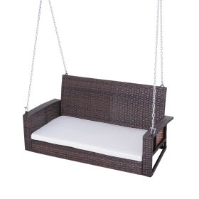 Espresso Wicker Porch Swing with 7ft Hanging Chain and Cream Cushion