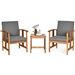3-Piece Solid Wood Outdoor Patio Furniture Chairs Table Set with Grey Cushions