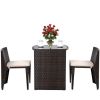 3 Piece Compact Espresso/White Wicker Patio Cushioned Chair Table Set