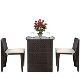 3 Piece Compact Espresso/White Wicker Patio Cushioned Chair Table Set
