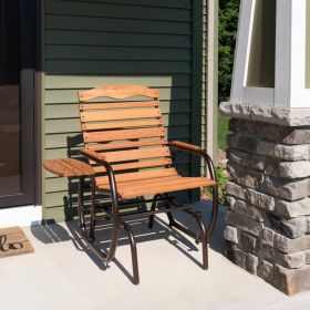 Farmhouse Steel Frame Outdoor Glider Chair with Wooden Slats and Tray