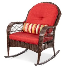 Outdoor Patio Brown Wicker Rocking Chair with Red Cushion