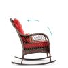 Outdoor Patio Brown Wicker Rocking Chair with Red Cushion