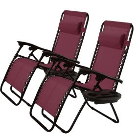 Set of 2 Burgundy Wine Red Folding Outdoor Zero Gravity Lounge Chairs